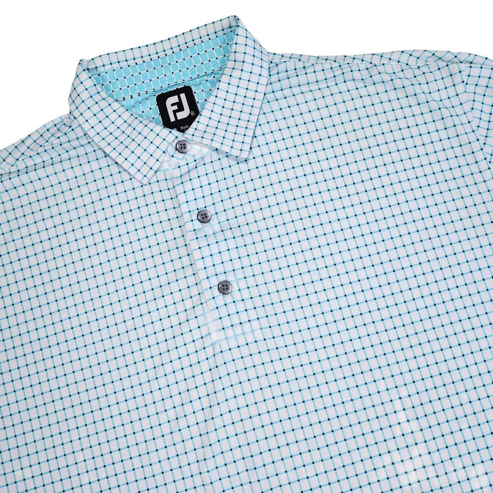FOOTJOY Men XL Blue White Check Performance Stretch Short Sleeve Golf Polo Shirt